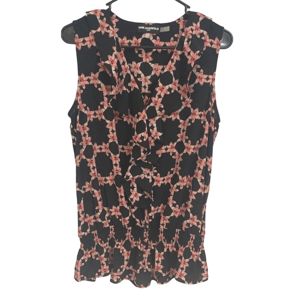 Karl Lagerfeld Women Floral Ruffle Blouse Smocked Waist Peplum Pink Black Small